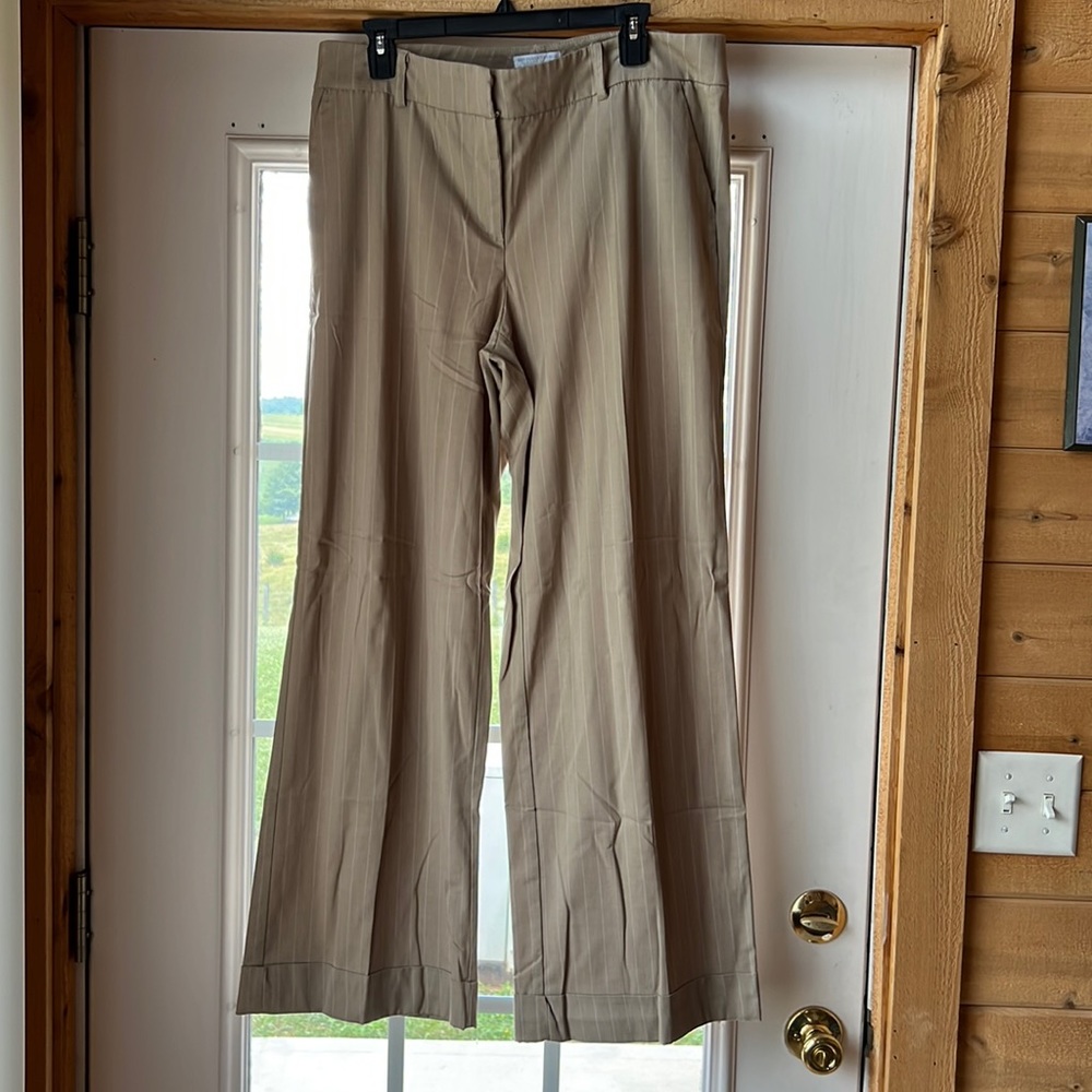 Wide leg dress pants.  Beige with white stripes.